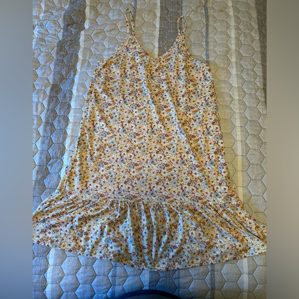 Yellow floral print dress with green sweater